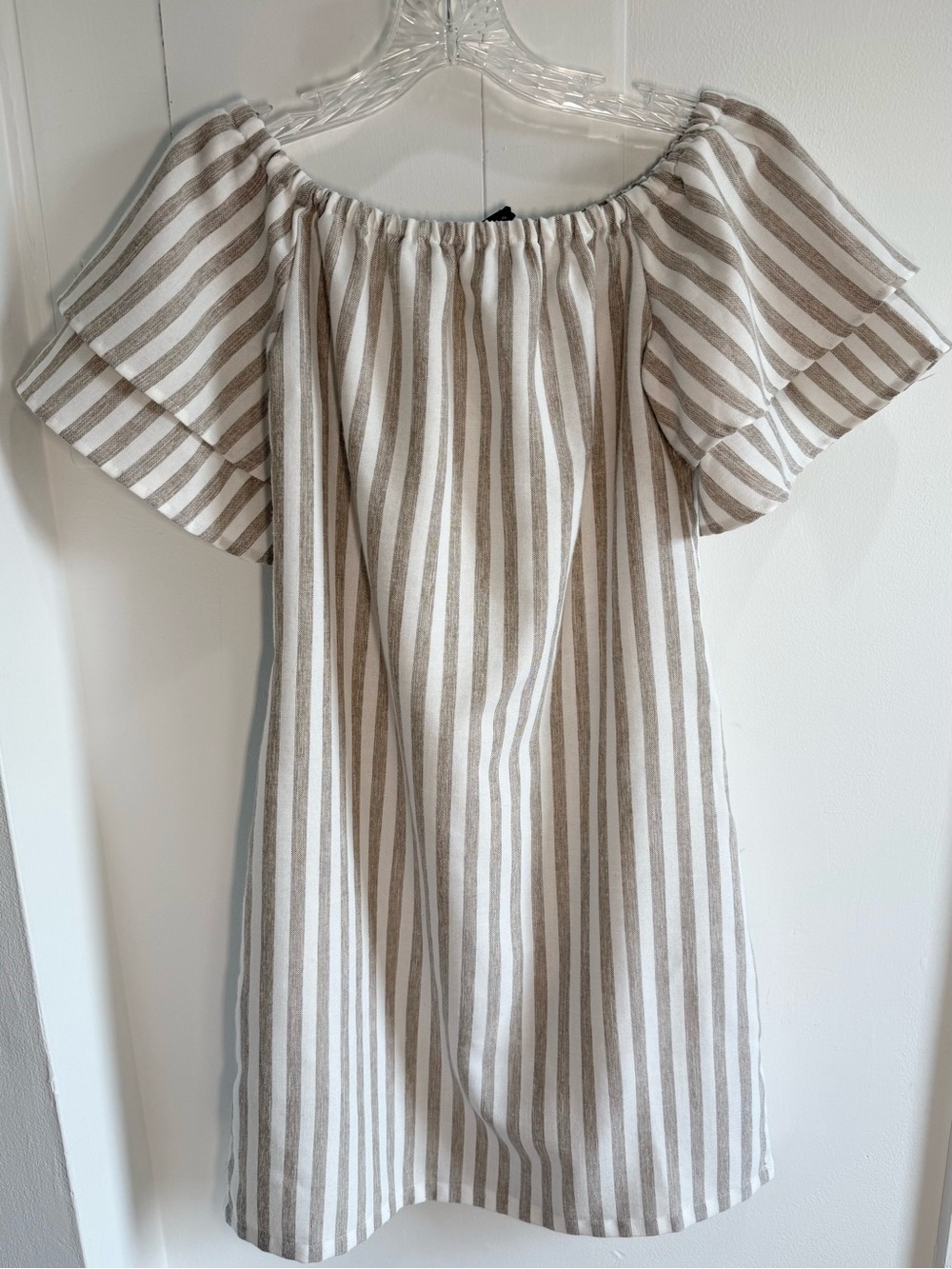 Linen Off-Shoulder Striped Summer Dress in Beige and White